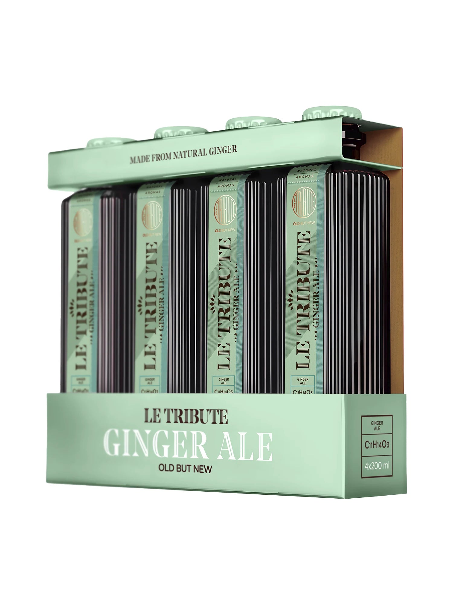 LE Tribute Ginger Ale 4-pack: Premium natural ginger ale with authentic ginger flavor, presented in an elegant green gift box