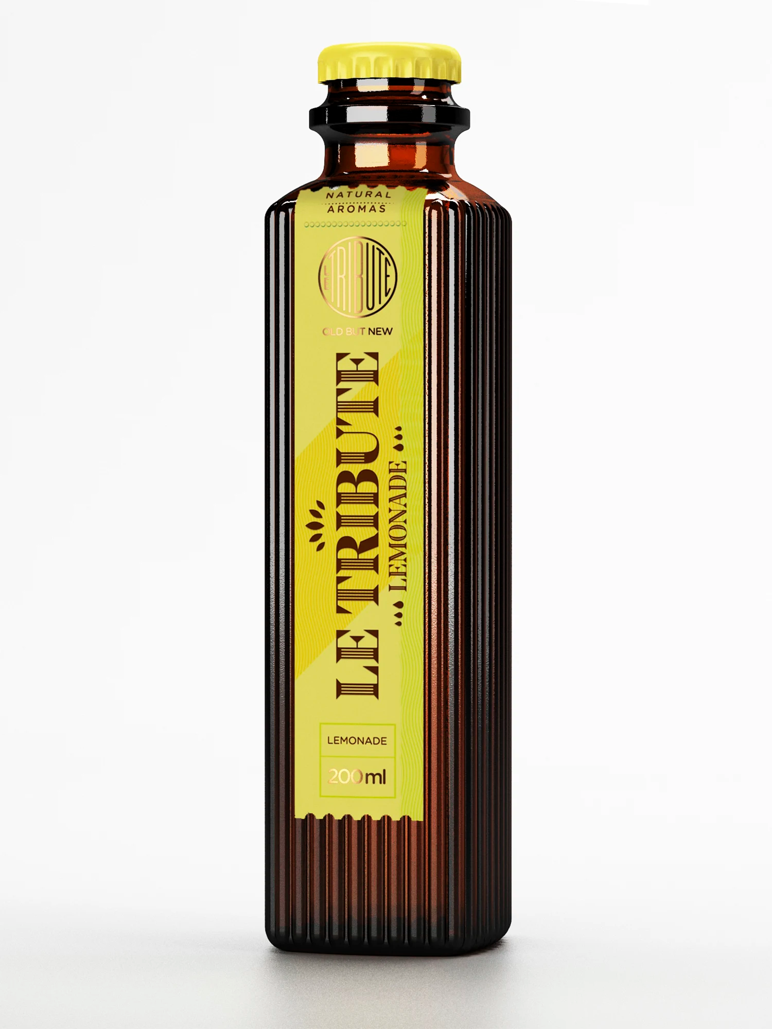 LE Tribute Lemonade: Detailed view of the bottle with ribbed glass and prominent yellow label branding