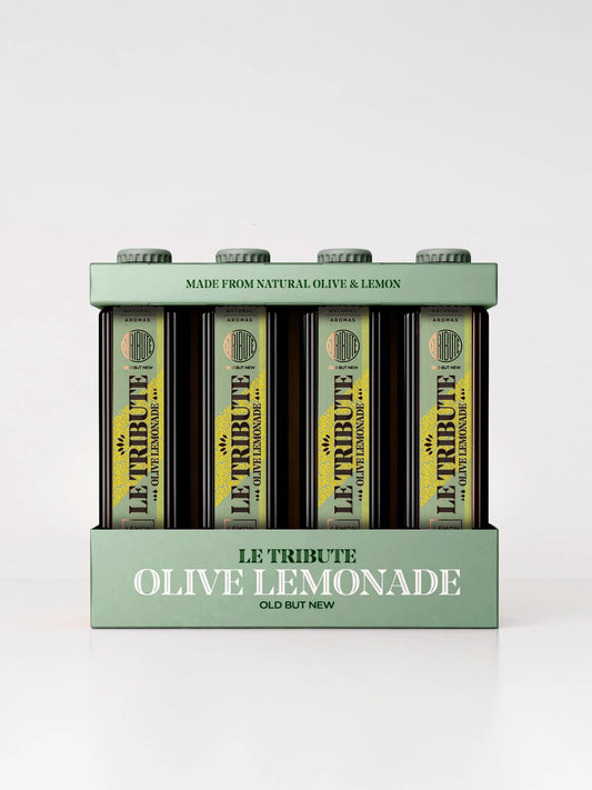 LE Tribute Olive Lemonade 4-pack: Premium natural lemonade with olive and lemon flavors, presented in an elegant green gift box
