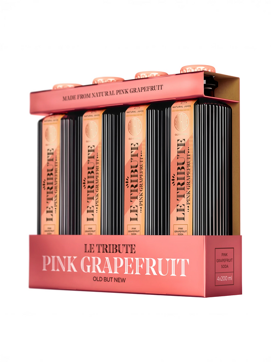 LE Tribute Pink Grapefruit Soda 4-pack: Premium natural pink grapefruit soda in stylish rose gold packaging