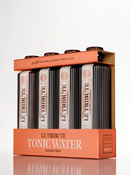 LE Tribute Tonic Water 4-pack: Premium tonic water with natural quinine from Loja, presented in a vibrant coral gift box