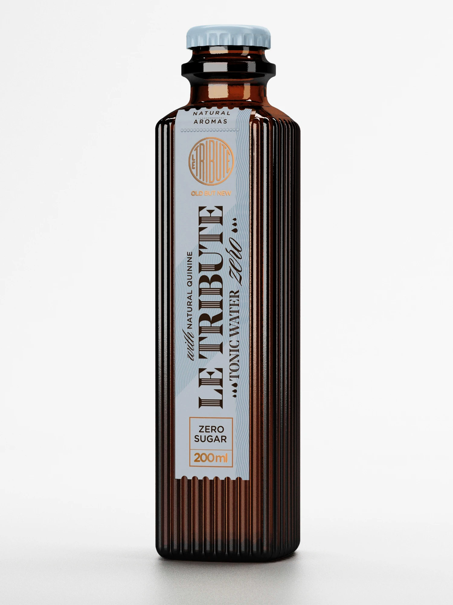 Close-up of LE Tribute Tonic Water Zero Sugar bottle label, highlighting natural quinine and zero sugar benefits