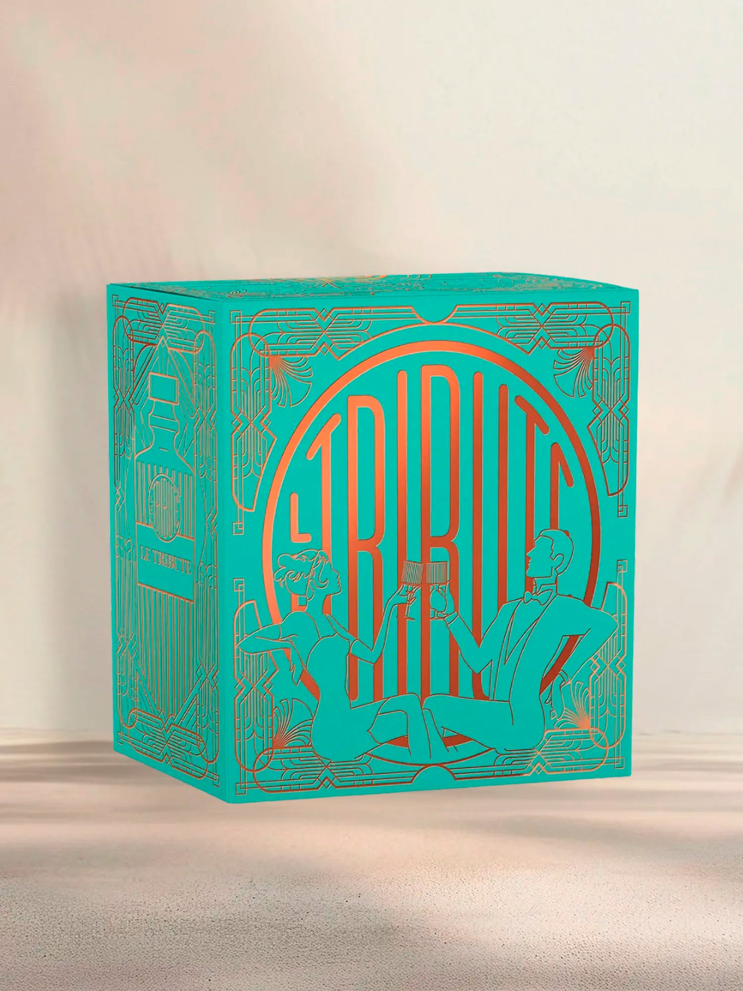 LE Tribute Turquoise gift box: Side view with art deco figures and copper detailing, showcasing brand aesthetic