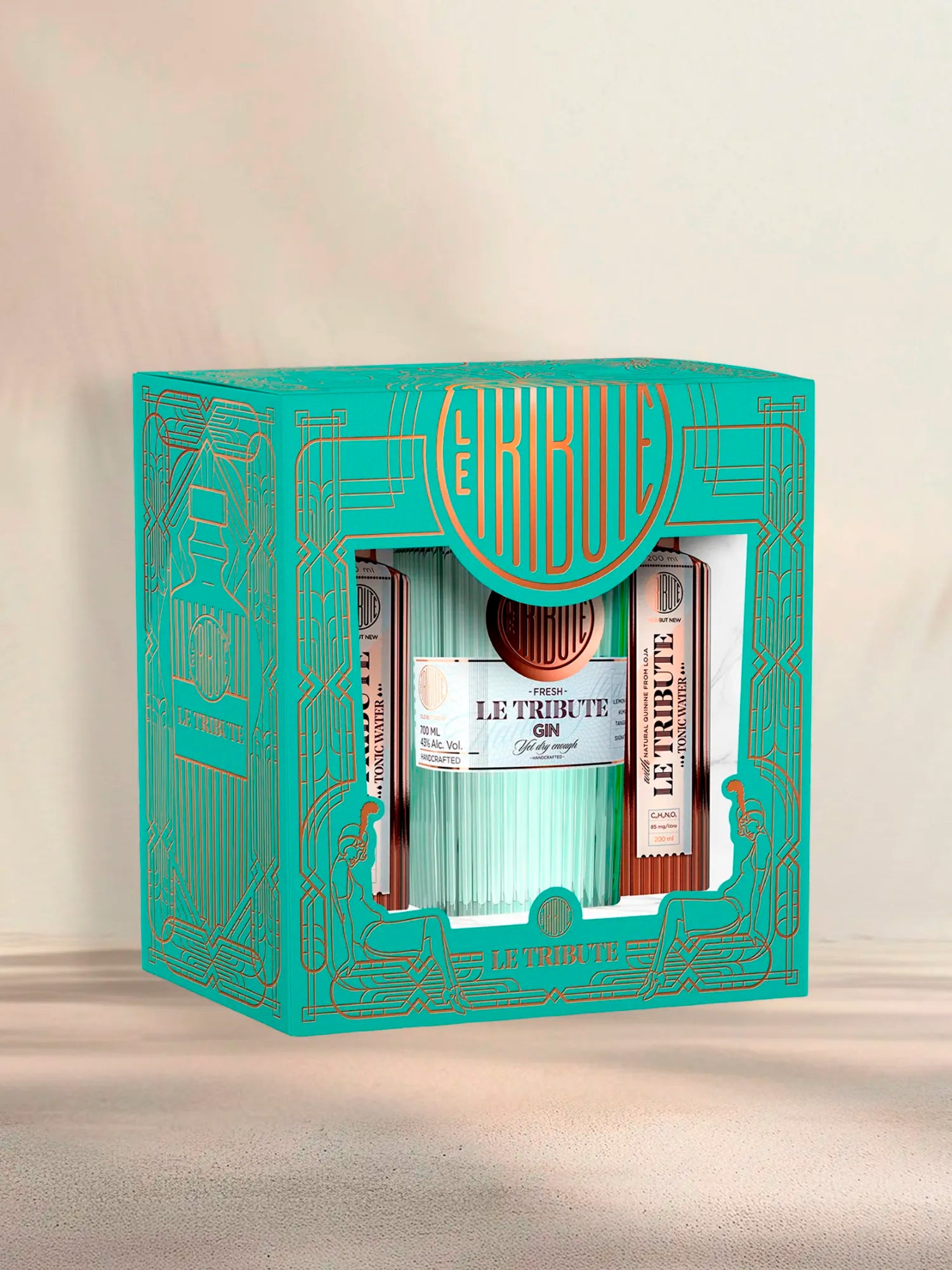 LE Tribute Turquoise Pack: Gin & 2 Premium Tonics gift box with art deco design, featuring LE Tribute Gin and tonic water