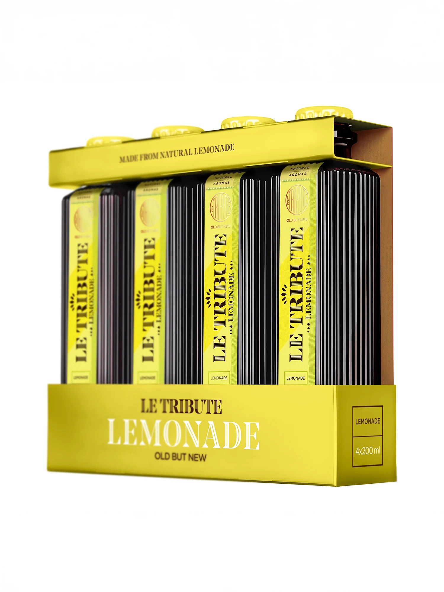 LE Tribute Lemonade 4-pack: Premium natural lemonade in bright yellow packaging, featuring LE Tribute's signature ribbed bottles