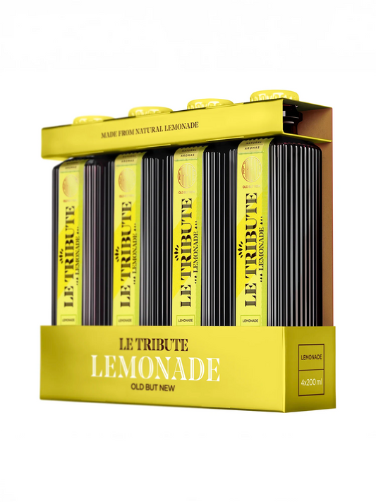 LE Tribute Lemonade 4-pack: Premium natural lemonade in bright yellow packaging, featuring LE Tribute's signature ribbed bottles