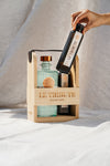 LE Tribute premium gift set: Wooden carrier featuring LE Tribute Gin and mixer bottle, with 'Old But New' branding